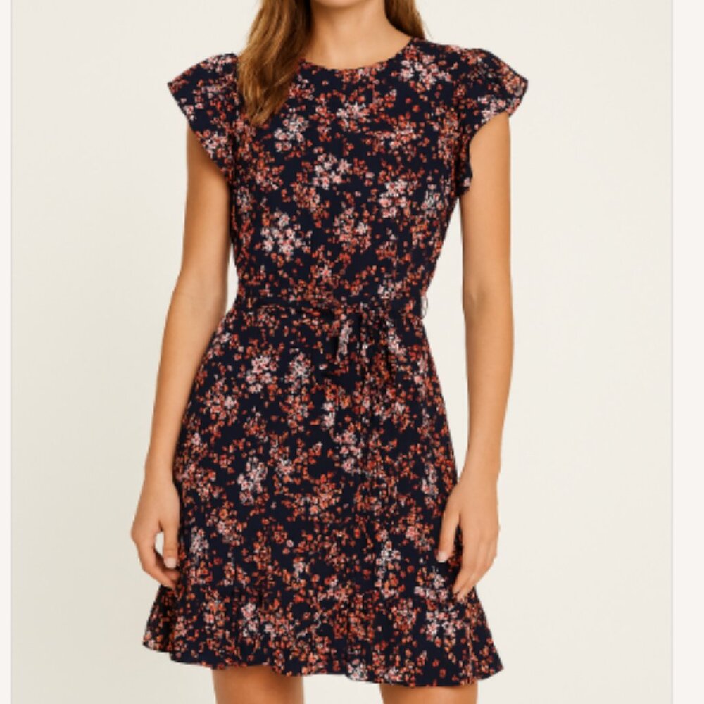 Michael Kors Navy Pink Floral Belted Faux Wrap Short Sleeve Dress - MEDIUM